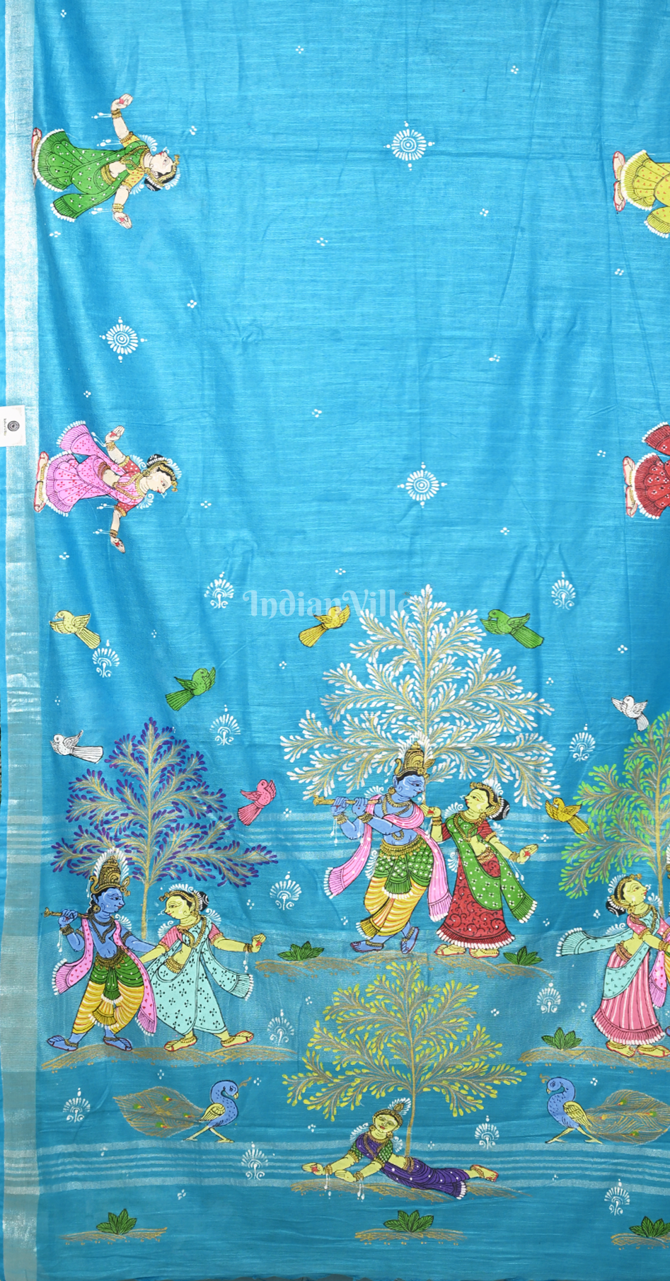 Sky Blue Krishna Raas Leela Hand-Painted Pattachitra Saree