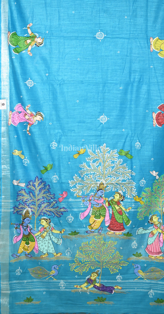 Sky Blue Krishna Raas Leela Hand-Painted Pattachitra Saree