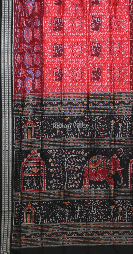 Red Black Tree & Elephant Motif Odisha Ikat Sambalpuri Silk Saree