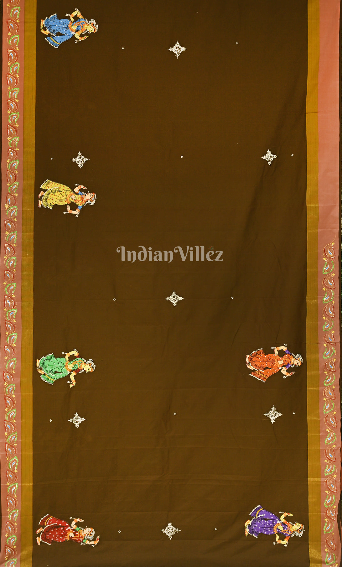 Mehendi Green Krishna Raasleela Hand-Painted Pattachitra Sare