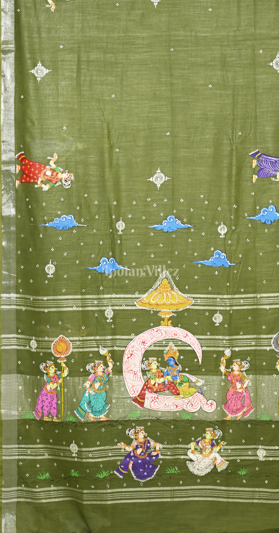 Mehendi Green Ardha Chandra Krishna Rasa Leela Hand-Painted  Pattachitra Saree(Linen) 