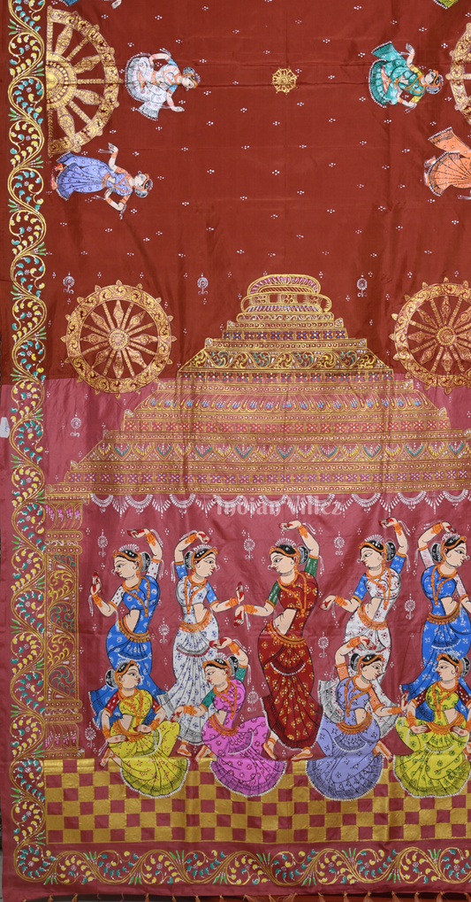 Maroon Peach Nartaki Konark Temple Hand-Painted Pattachitra Saree