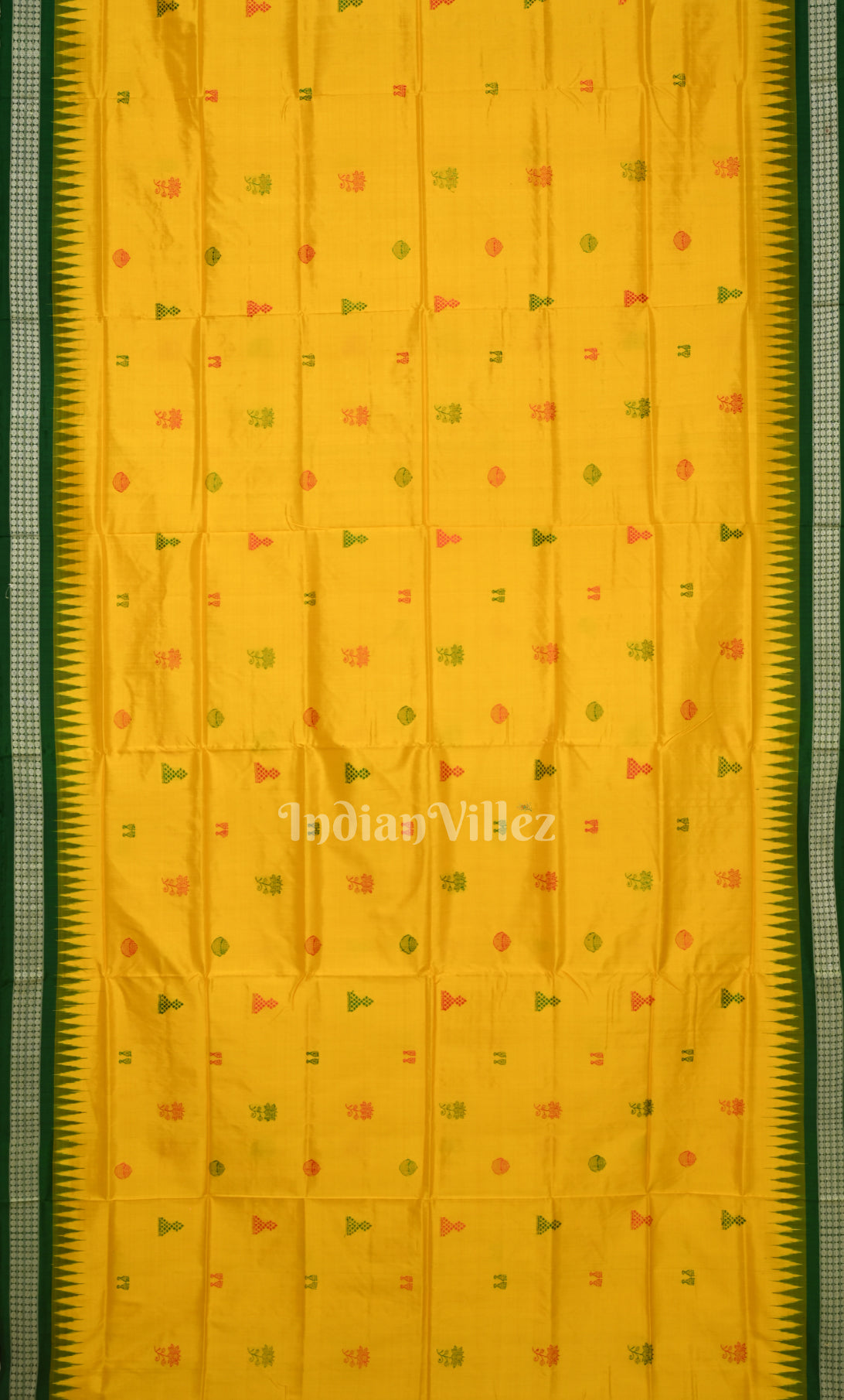 Yellow Green Jhoti Theme Odisha Ikat Bomkai Sambalpuri Silk Saree 