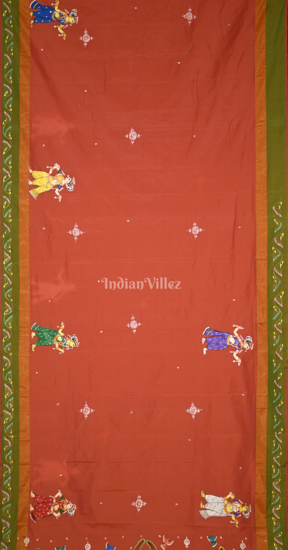 Orange Green Dual Tone Radha Krishna Doli Theme Hand-Painted Pattachitra Saree