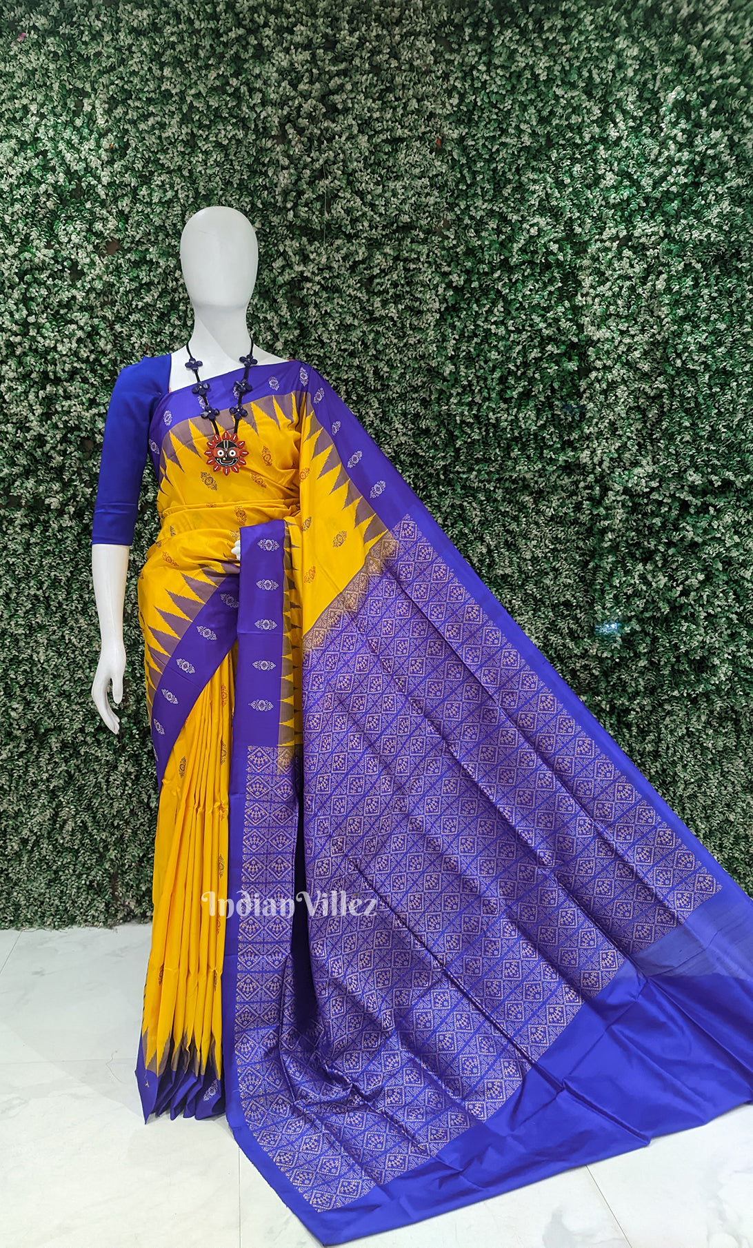 Mustard Yellow Blue Odisha Ikat Bomkai Sambalpuri Silk Saree