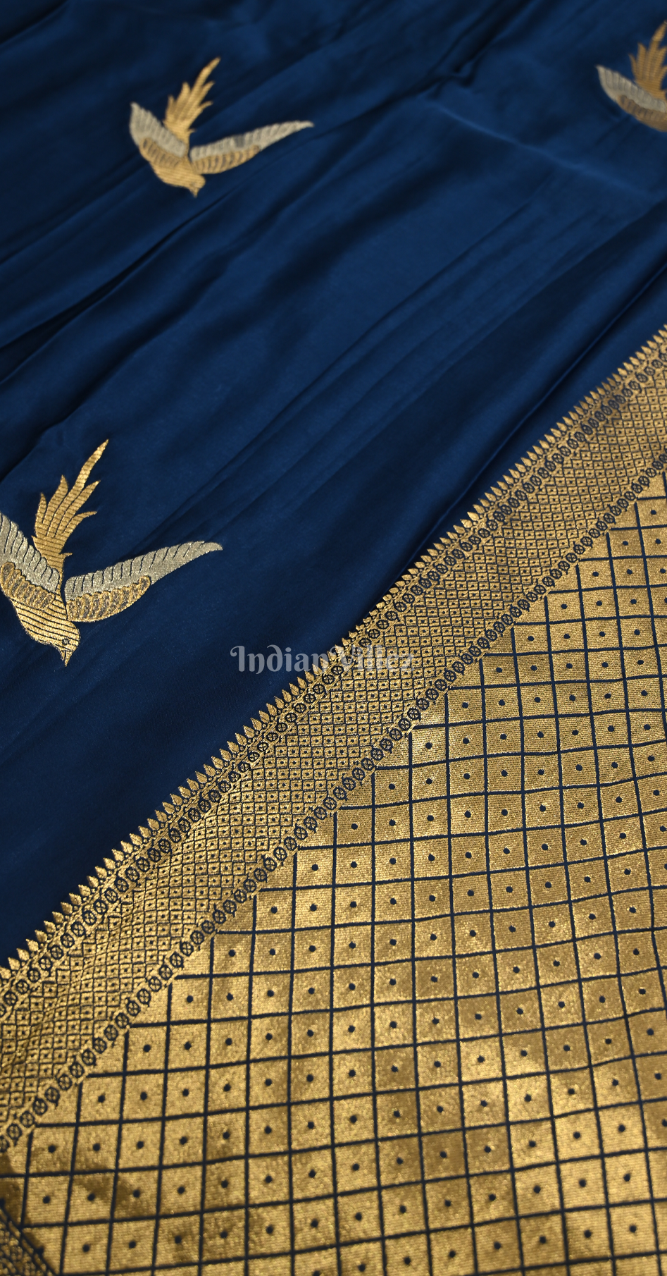 Blue Red Bird Motif Pure Satin Crepe Silk Banarasi Saree 