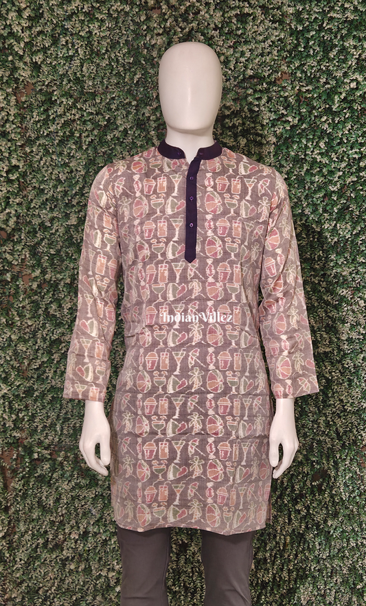 Dusty Mauve Brown Odisha Ikat Cotton Kurta for Men