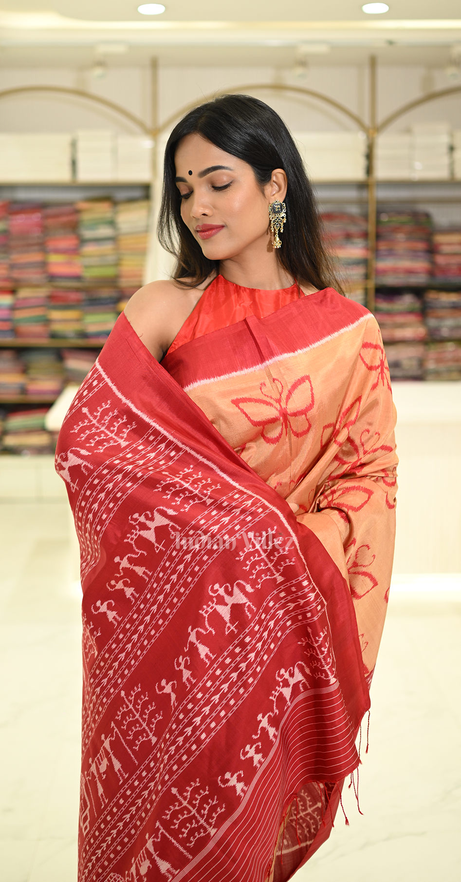 Light Orange Red Butterfly Theme Odisha Ikat Contemporary Designer Silk Saree