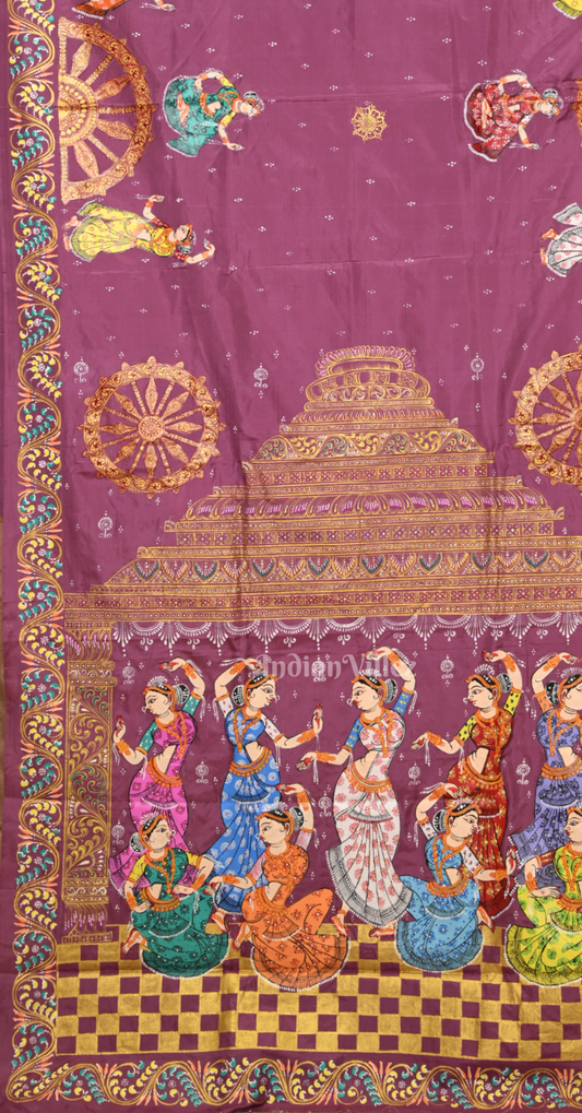 Pink Golden Nartaki Konark Temple Hand-Painted Pattachitra Saree 