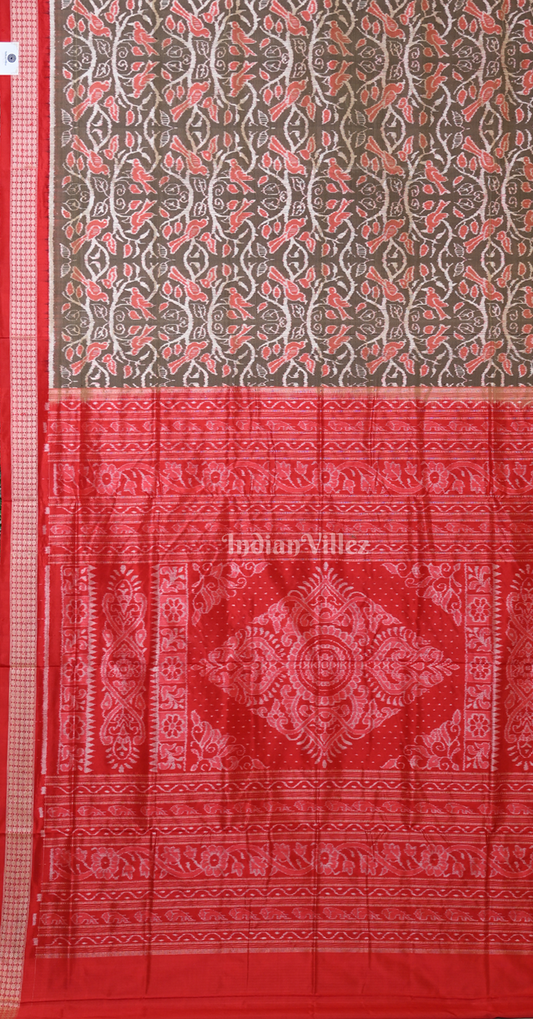 Grey Red Bird Motif Odisha Ikat Sambalpuri Silk Saree 