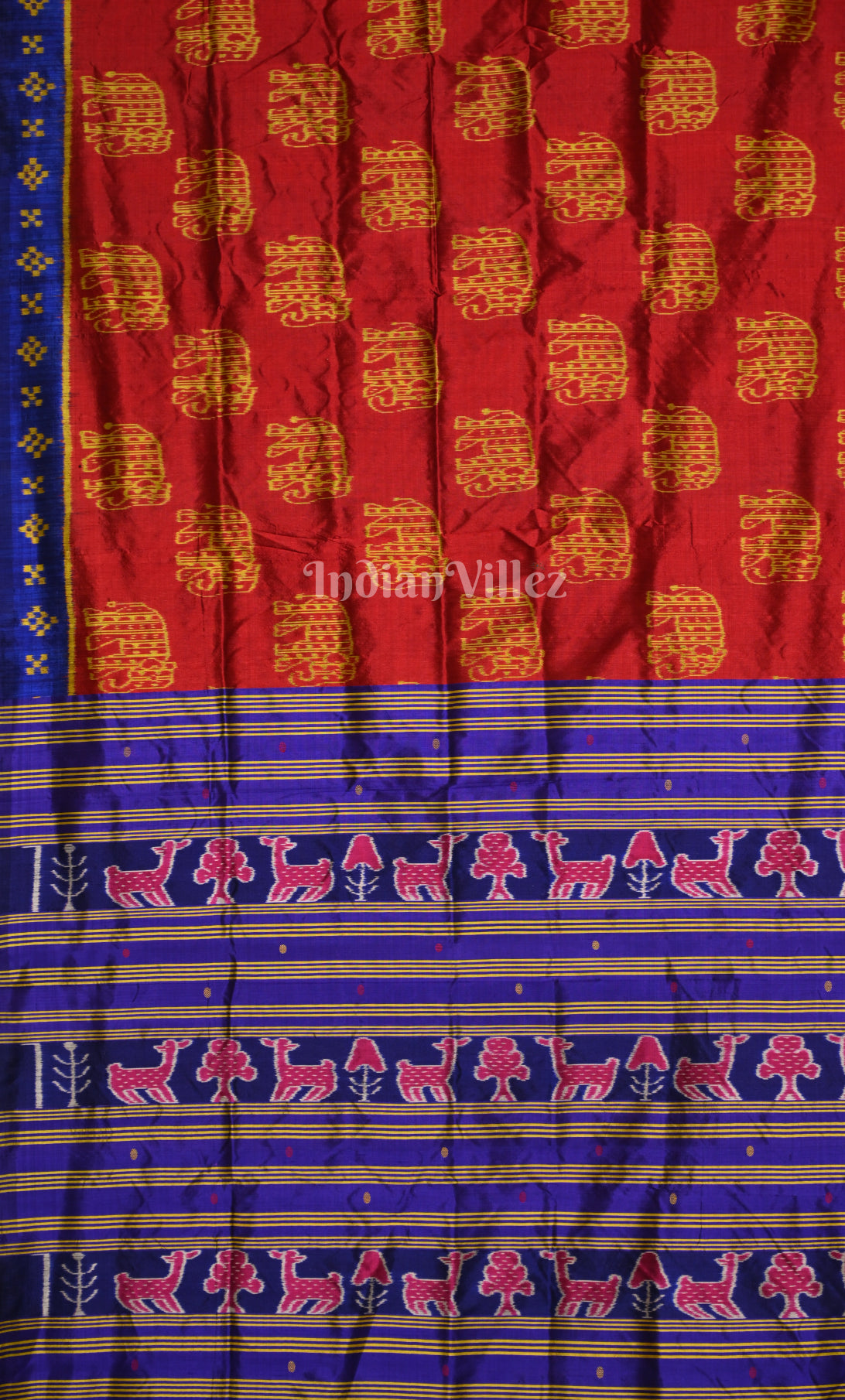 Red Blue Elephant Motif Odisha Ikat Contemporary Designer Silk Saree 