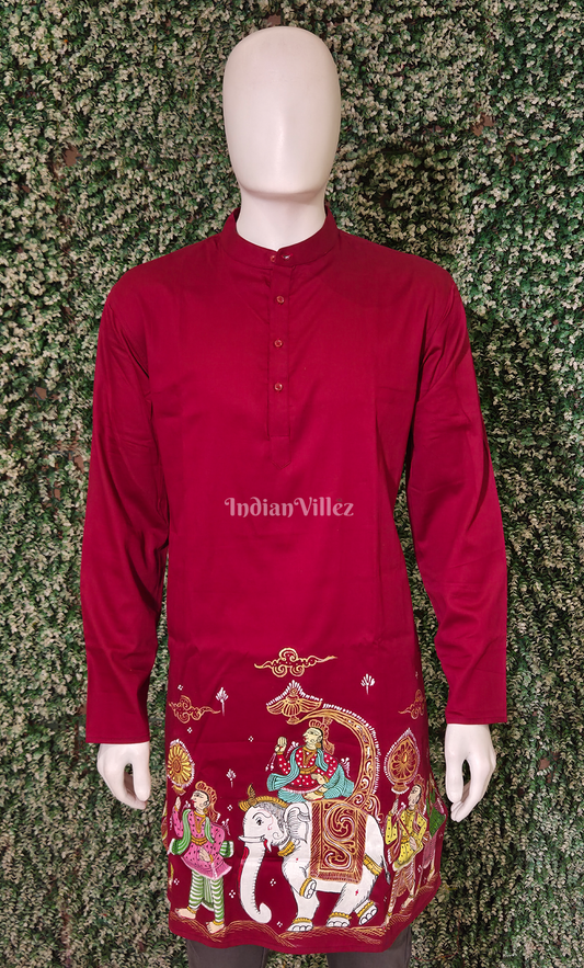 Maroon Kandarpa Hati (Elephant) Hand-Painted Pattachitra Kurta (Mulberry Silk) 
