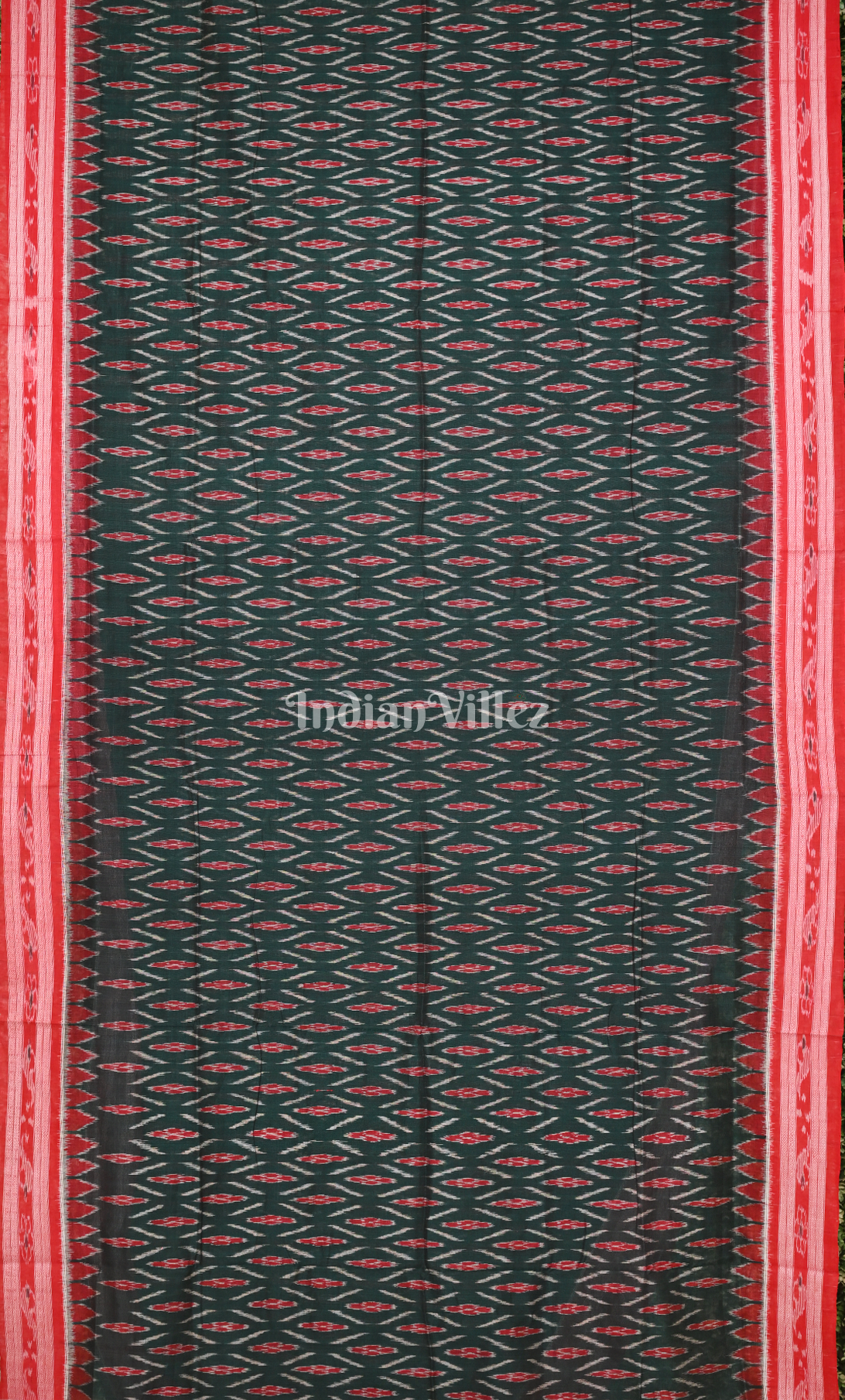 Bottle Green Red Damru Pasapali Odisha Ikat Maniabandha Cotton Saree