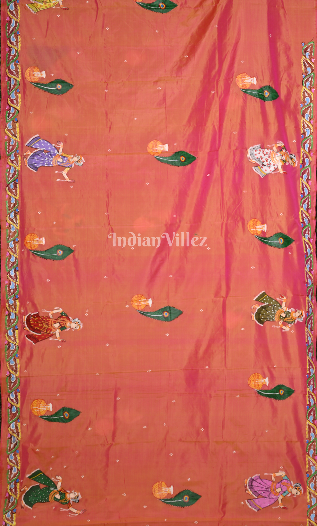 Peach (Mayur) & Nartaki Theme  Hand-Painted Pattachitra Saree