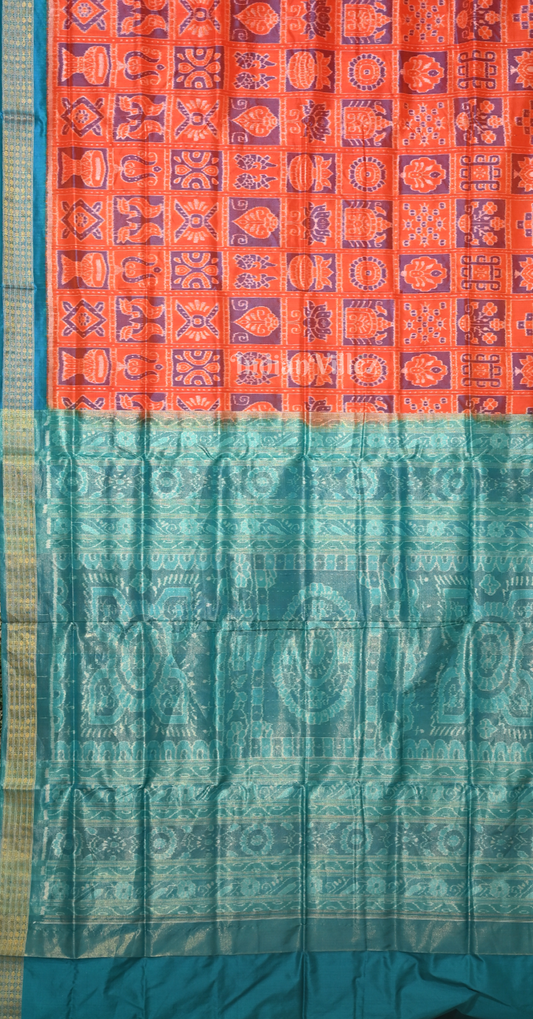 Rust Orange Blue Nabakothi Odisha Ikat Half Tissue Sambalpuri Silk Saree
