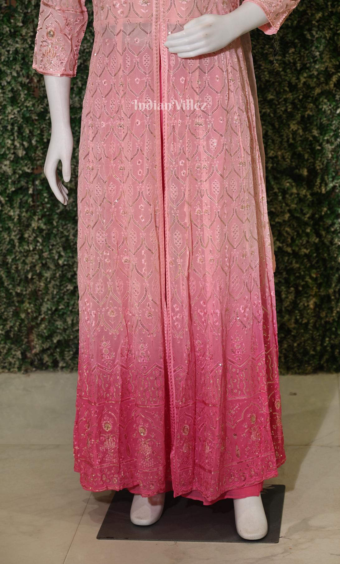 Pink Chikankari Flowy Fusion Anarkali Plazzoo with Dupatta Set