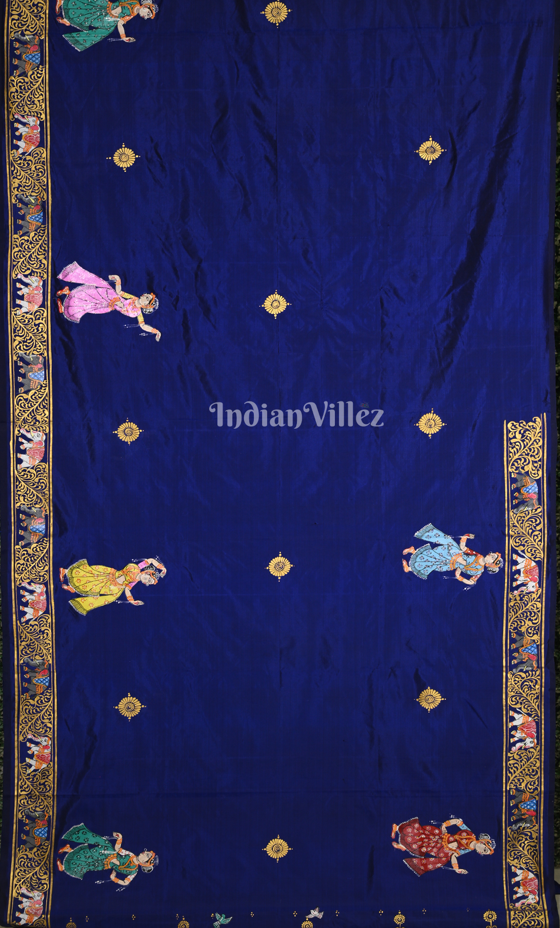 Royal Blue Kandarpa Hati (Elephant) Hand-Painted Pattachitra Saree 