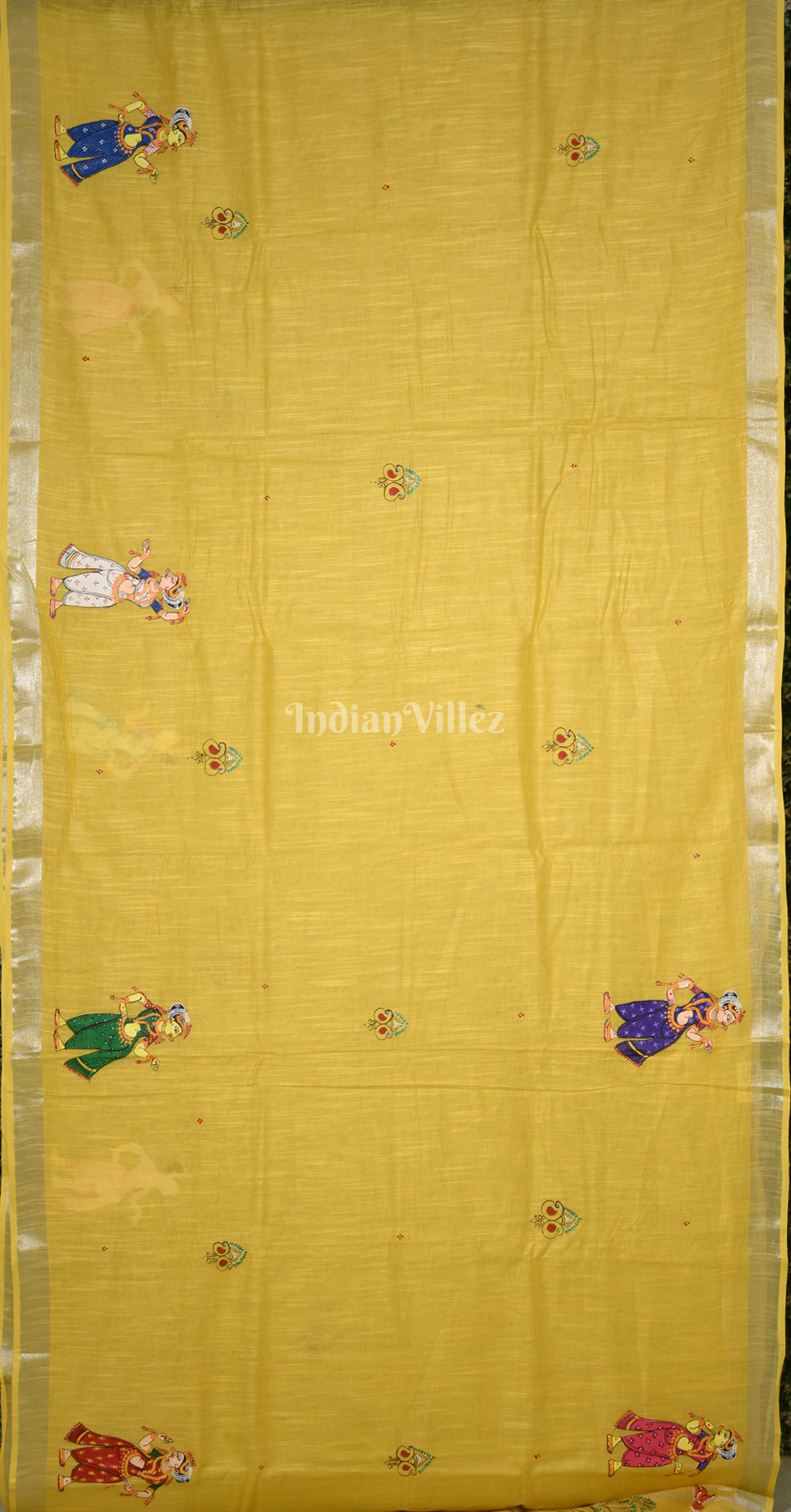 Yellow Raja Doli Theme Hand- Painted Pattachitra Saree