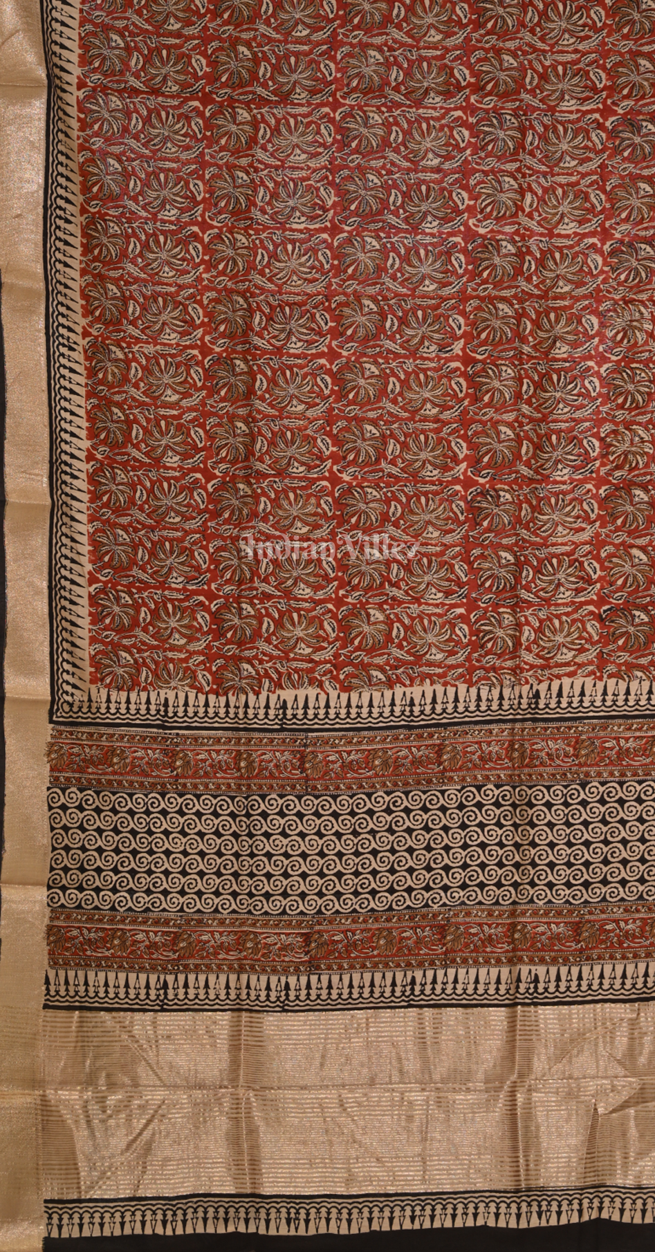 Maroon Black Block Printed Bagru Cotton Saree 