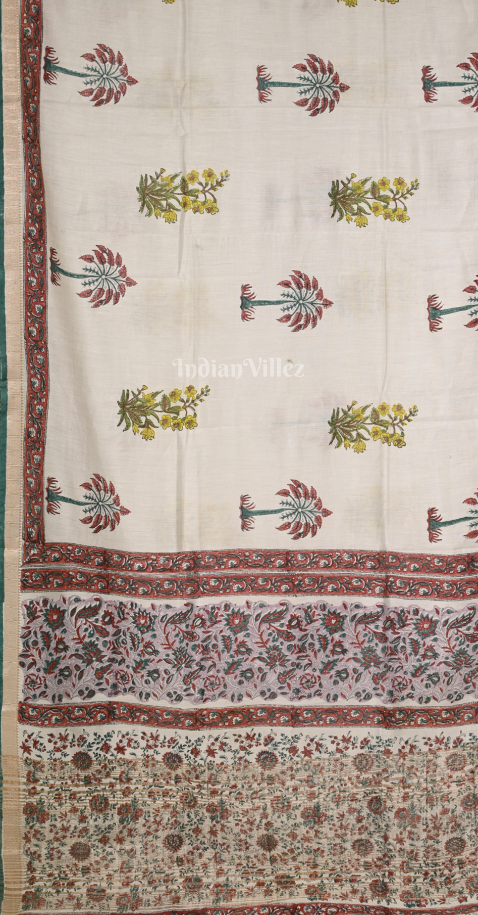 White Block Printed Sanganeri  Cotton Saree 