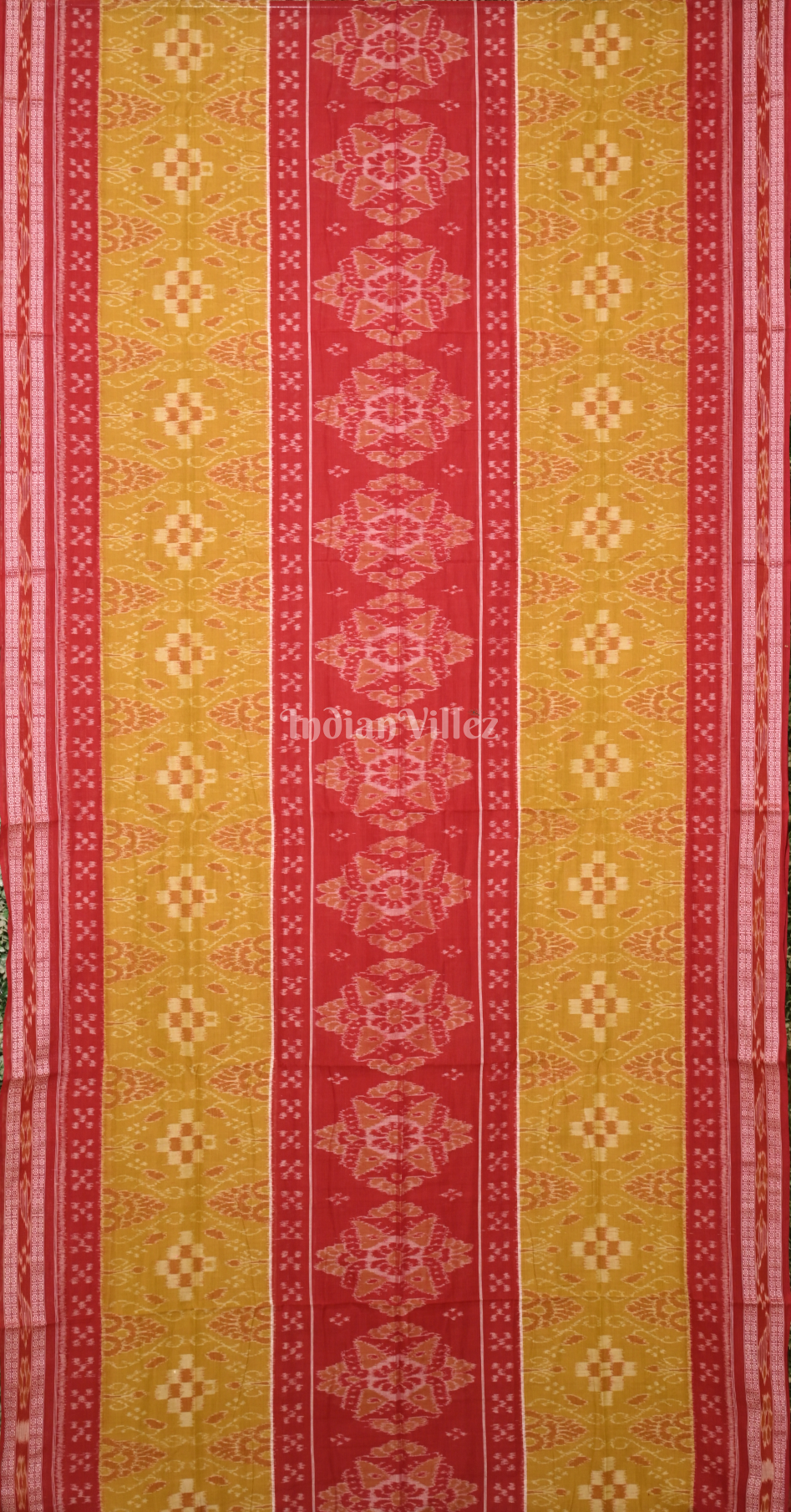 Mustard Yellow Red Body Pasapali Odisha Ikat Sambalpuri Pure Cotton Saree