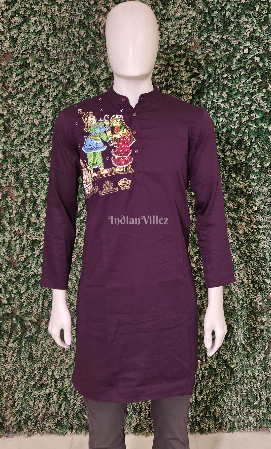 Violet Radha Krishna Theme Hand-Painted Pattachitra Kurta