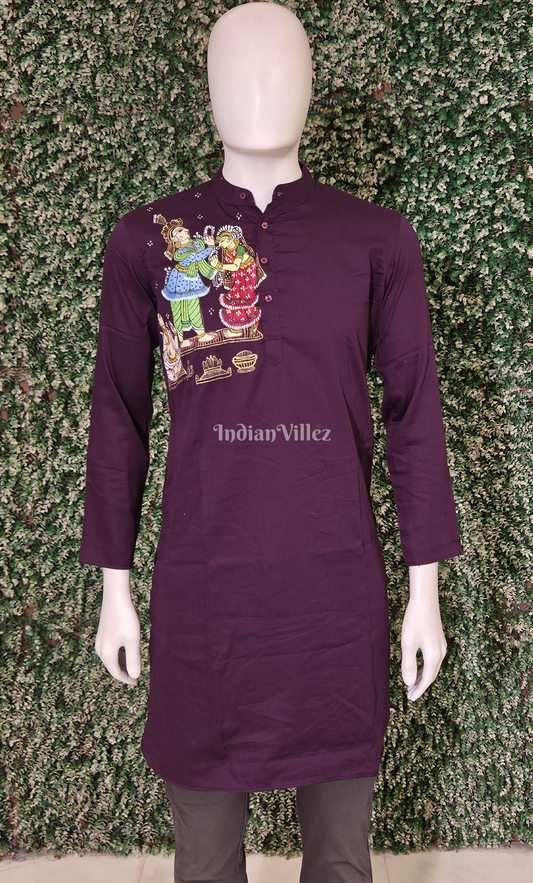Violet Radha Krishna Theme Hand-Painted Pattachitra Kurta