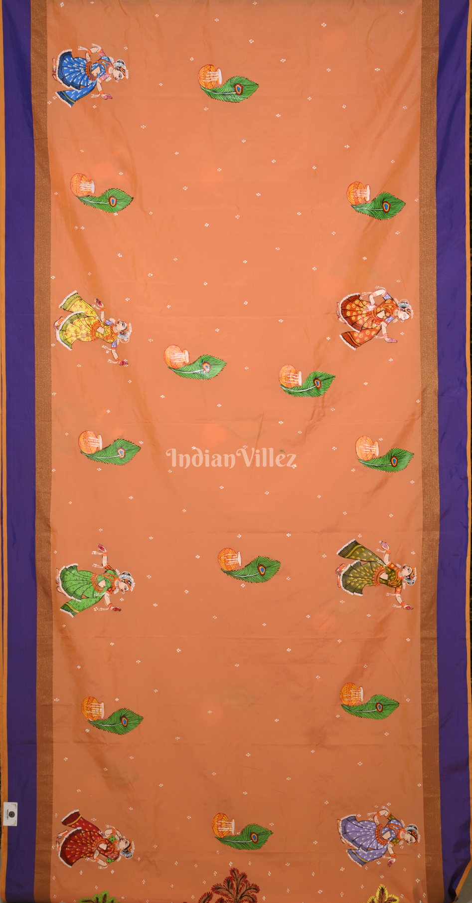 Orange Grey Krishna Raas Leela Hand-Painted Pattachitra Saree 