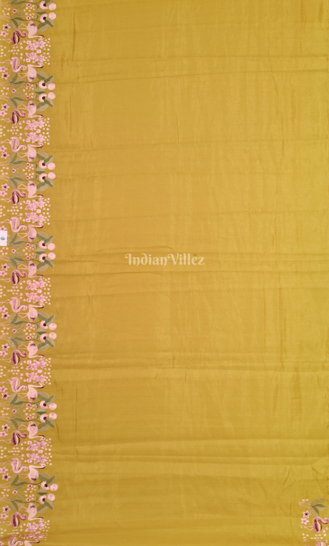 Mustard Yellow Tussar Silk Saree with Floral Hand Embroidery Border