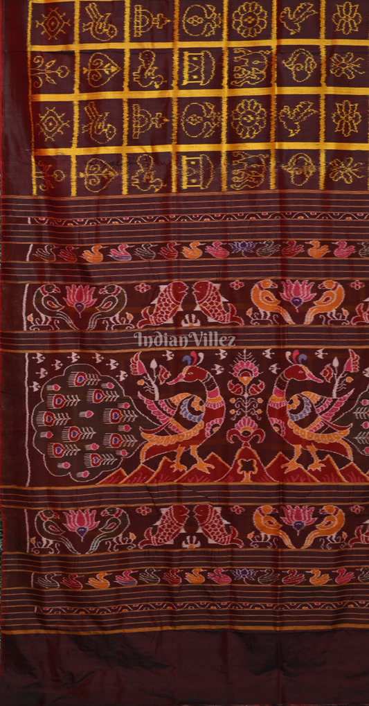 Coffee Neon Yellow Nabakothi Odisha Ikat Contemporary Designer Silk Saree