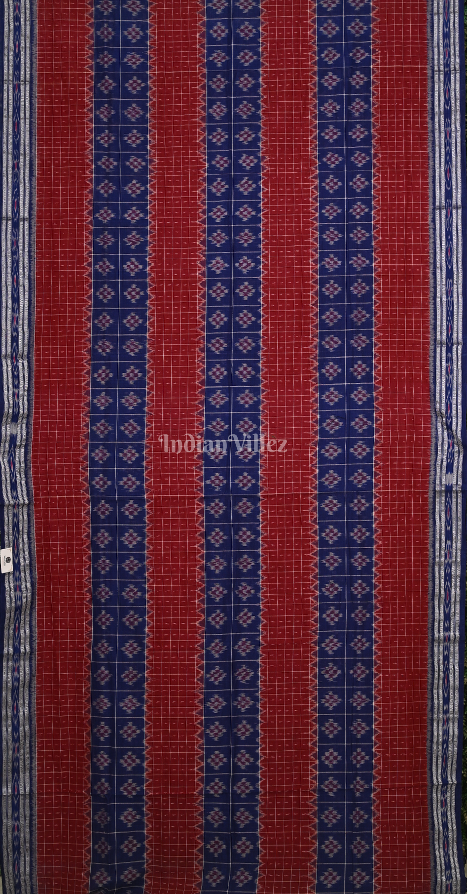 Red Checks Blue Middle Pasapali Odisha Ikat Sambalpuri Cotton Saree