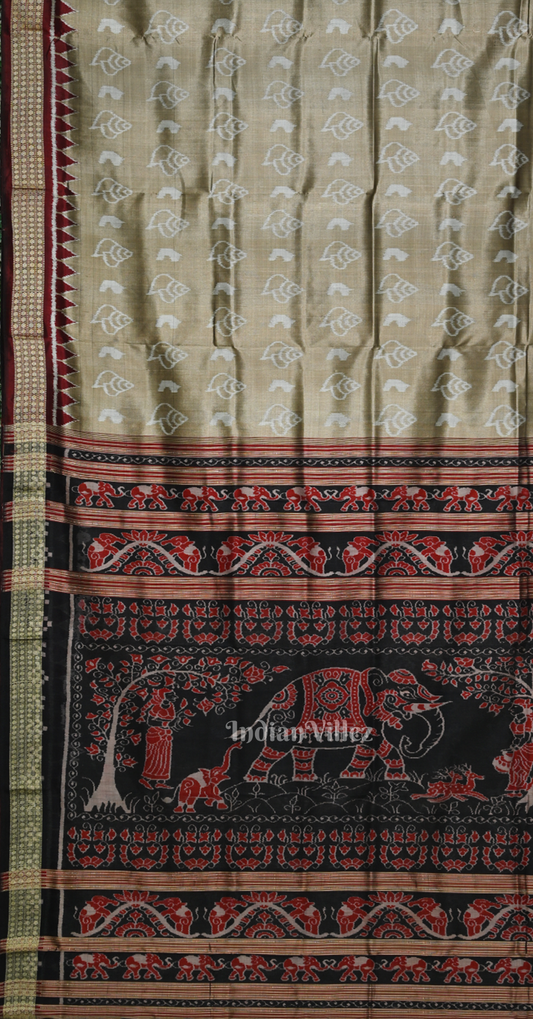 Beige Maroon  Sankha Theme Odisha Ikat Sambalpuri Silk Saree with Elephant Anchal 