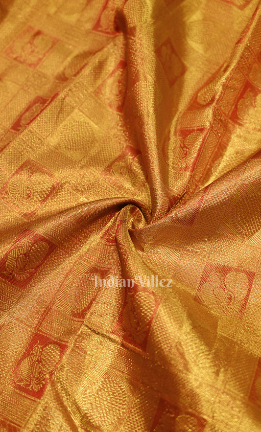  Golden Brocade Pure Kanjivram Silk Saree With Chakram And Annam Motifs 
