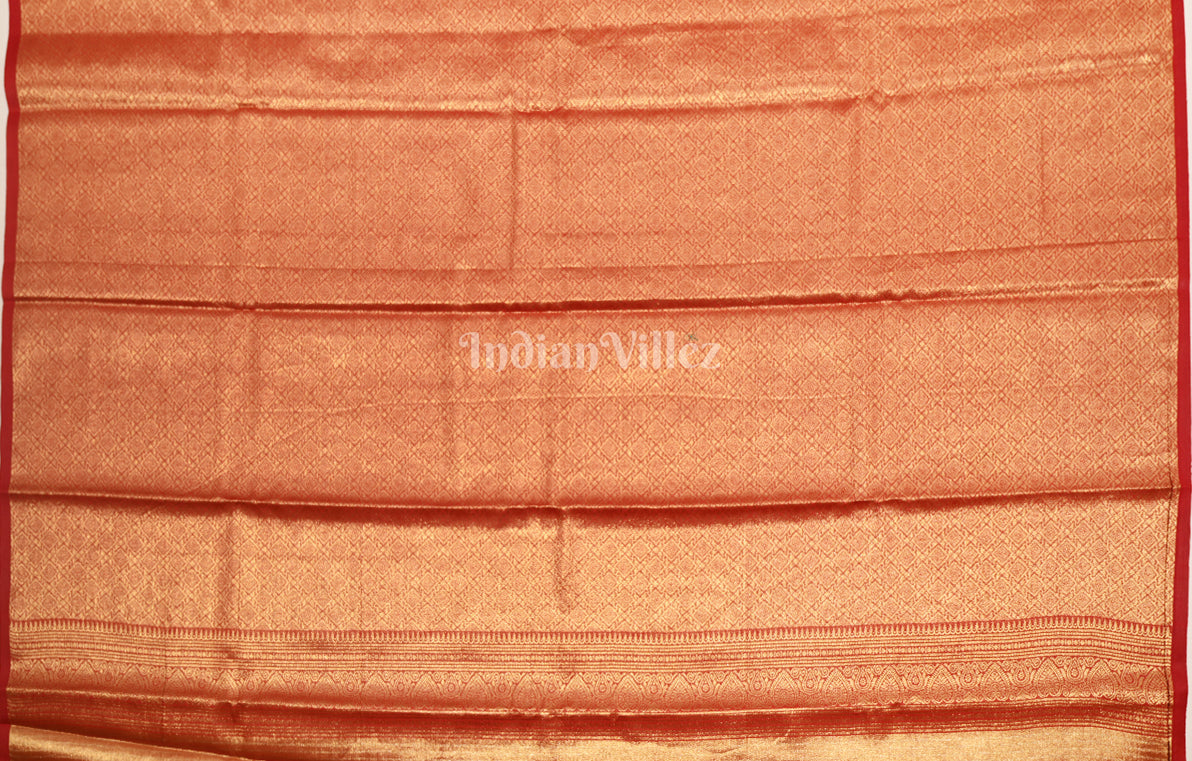 Light Orange Red Paisley Pure Kanjivaram Tissue Silk Saree 