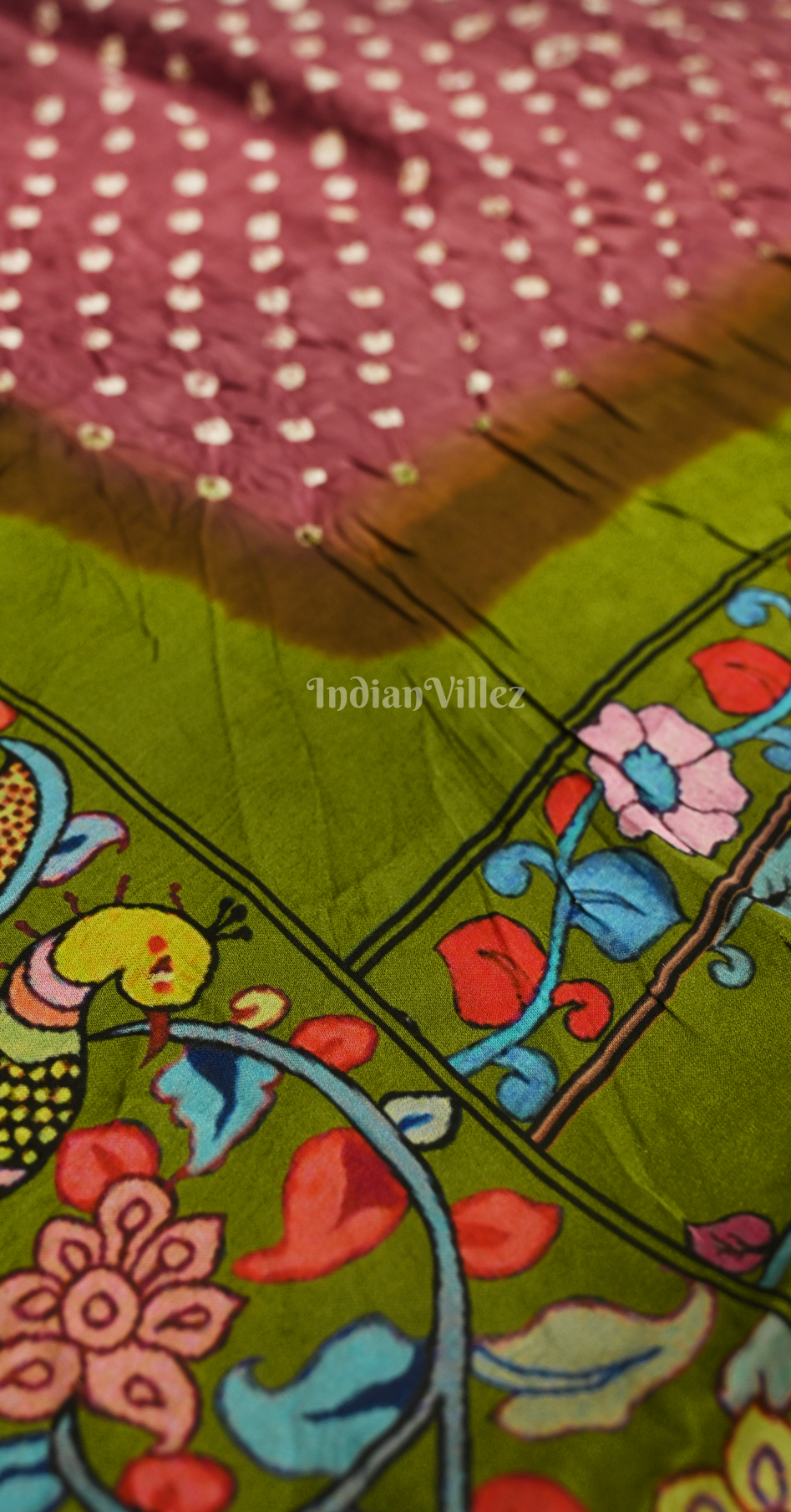 Dusty Mauve Olive Green Bandhani Gharchola Gaji Silk Saree with Zari Work 