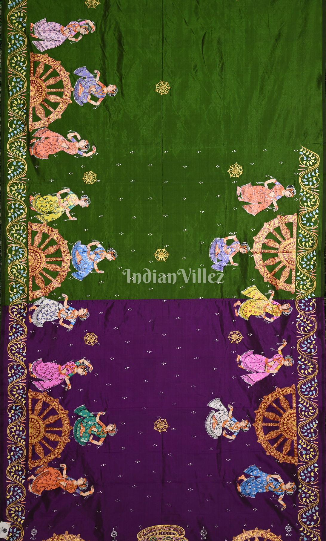 Purple Green Nartaki Konark Temple Hand-Painted Pattachitra Saree