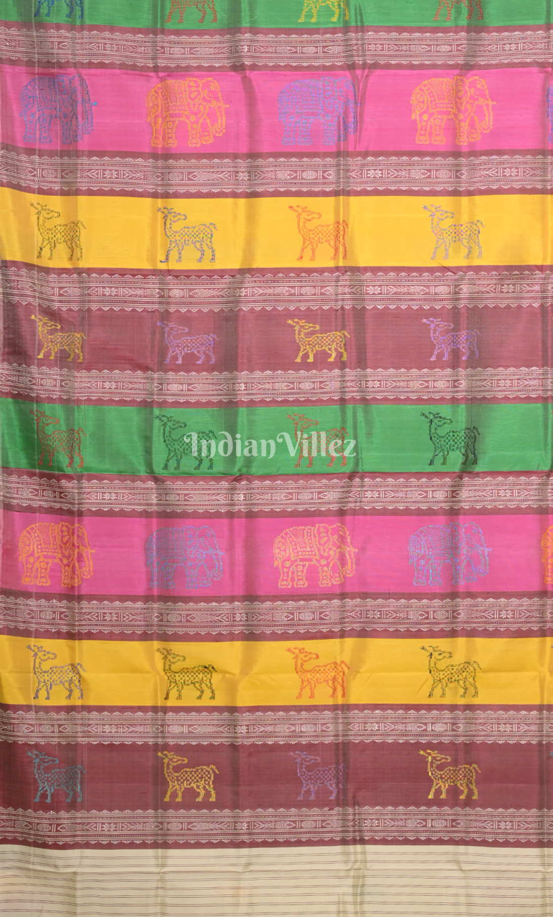 white with Multicolour  Fish Motif Double Pallu Berhampuri Silk Saree 