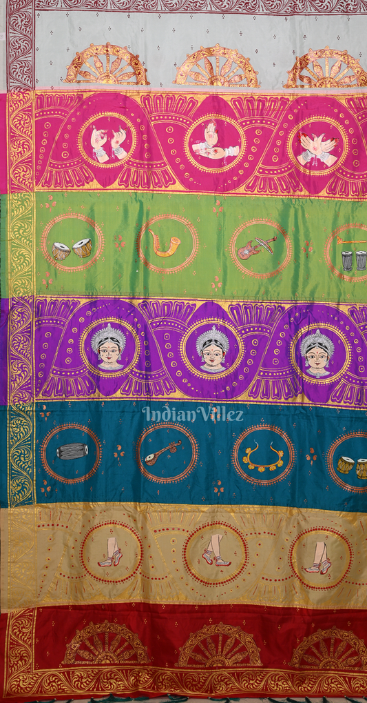 Multi Color Musical Instruments & Dancer Theme Hand-painted Pattachitra Saree