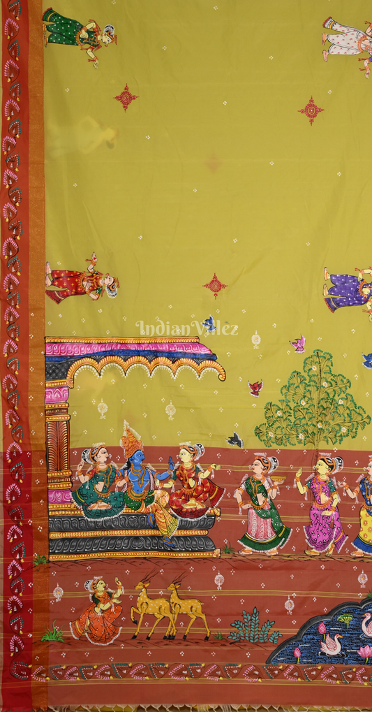 Yellow Red Radha Krishna Raas Leela Hand-Painted Pattachitra Saree