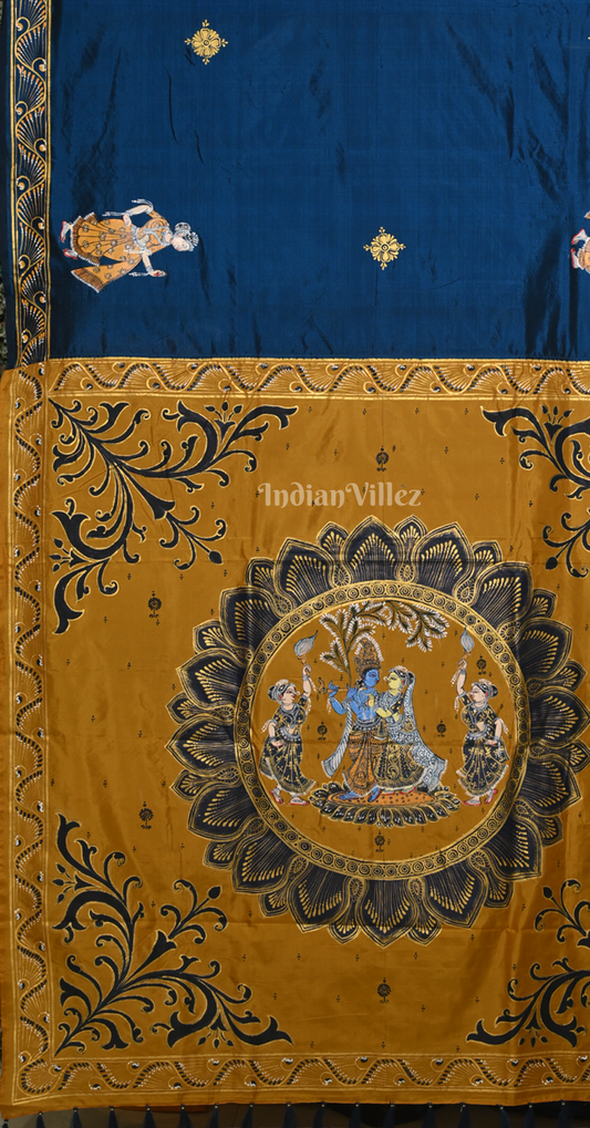 Blue Mustard Yellow Krishna Raas Hand-Painted Pattachitra Saree
