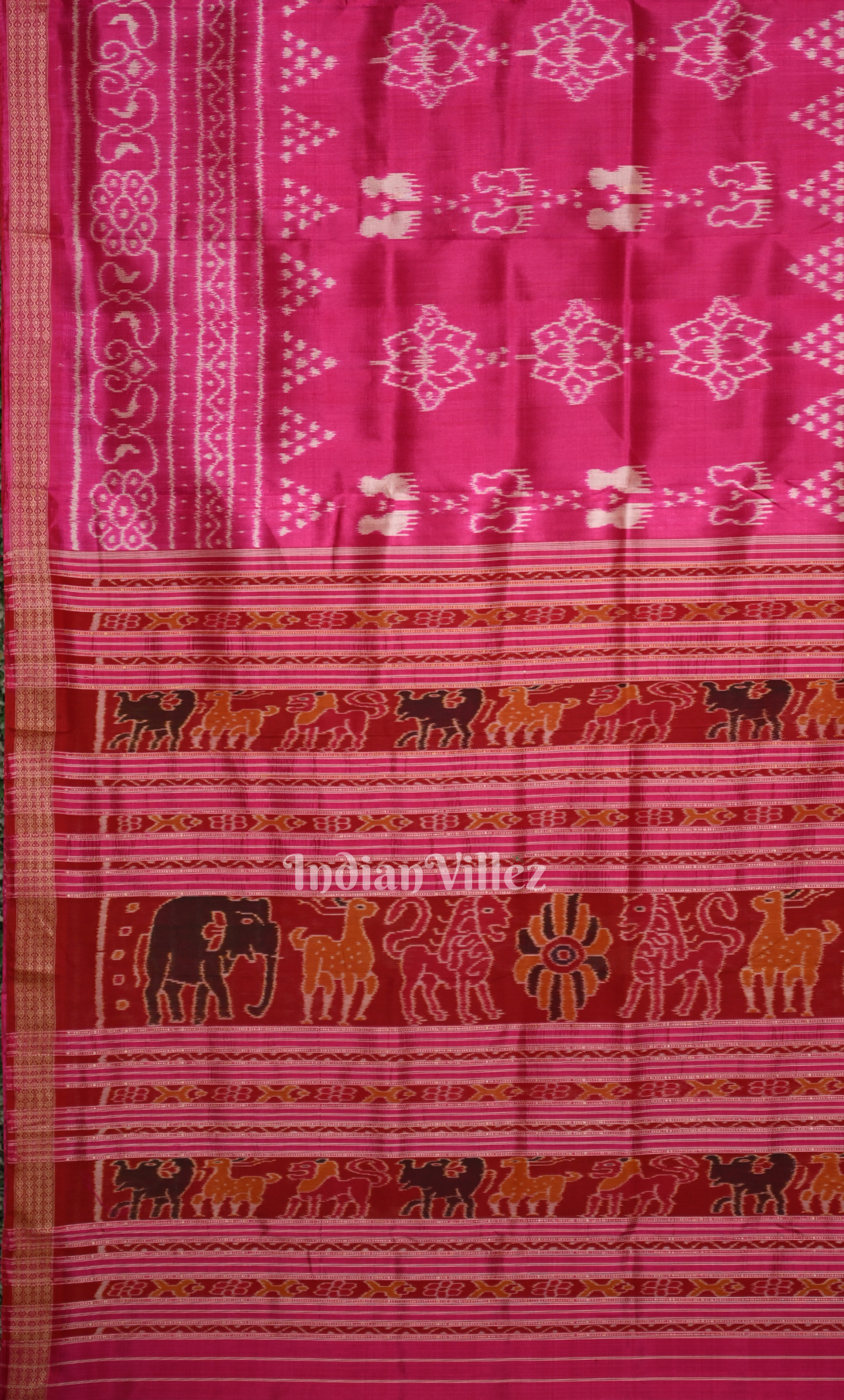 Rani Pink Laxmi Feet Odisha Ikat Khandua Silk Saree