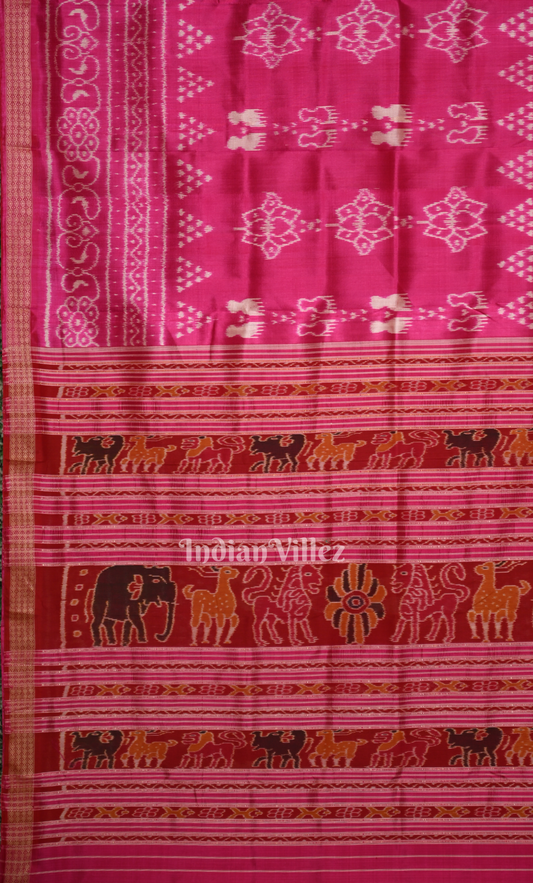 Rani Pink Laxmi Feet Odisha Ikat Khandua Silk Saree