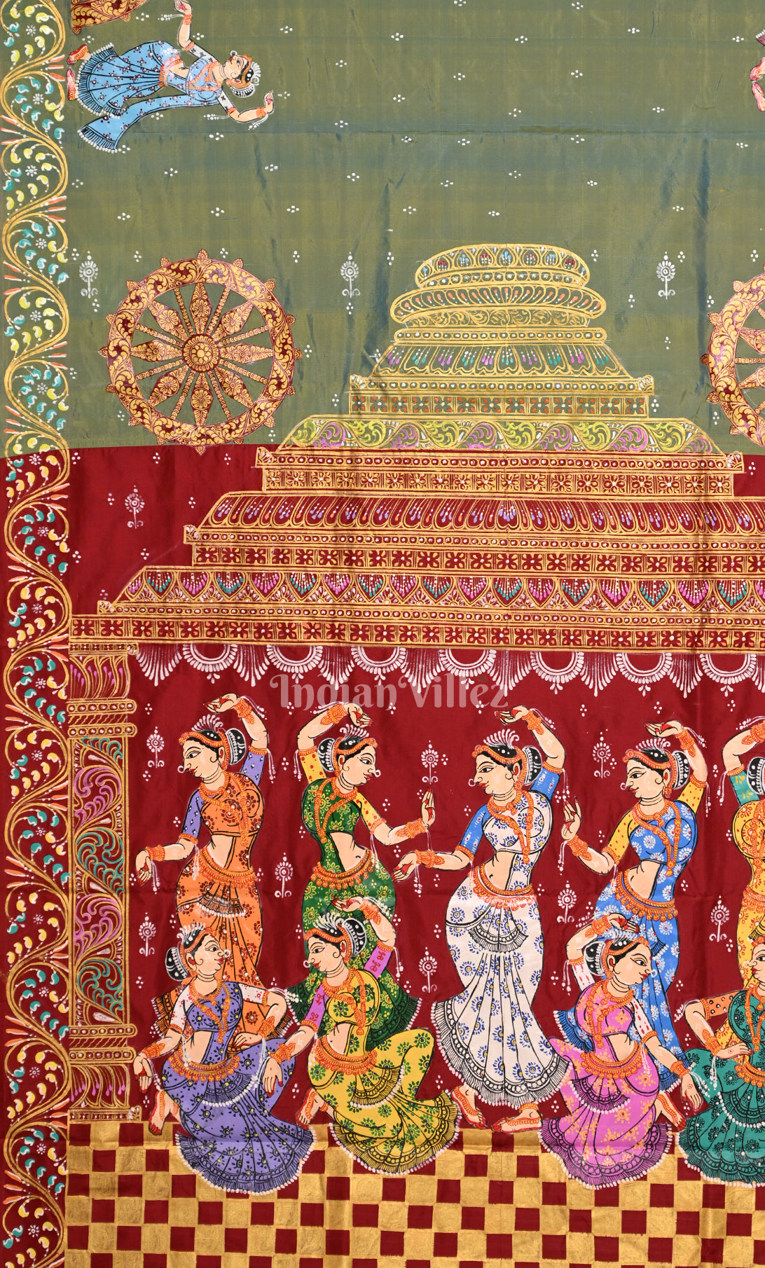Pista Green Red Dual Tone Nartaki Konark Temple Hand-Painted Pattachitra Saree