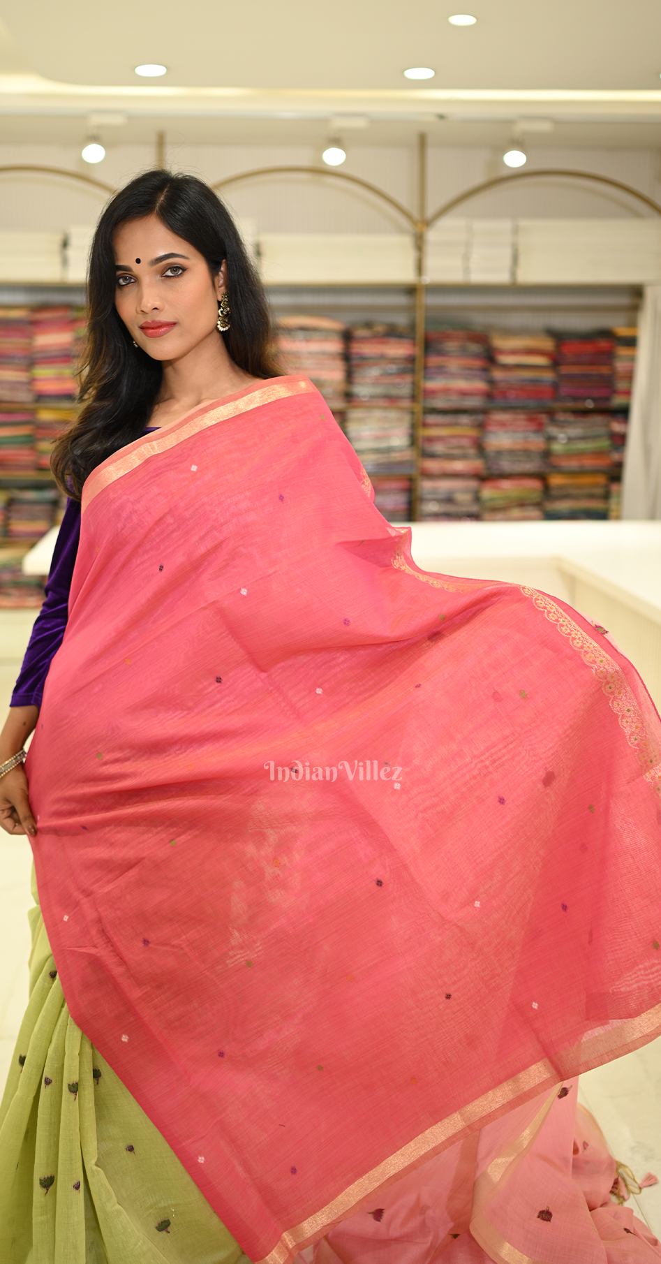 Peach Pink Linen Cotton Pichwai Saree with Zari Border