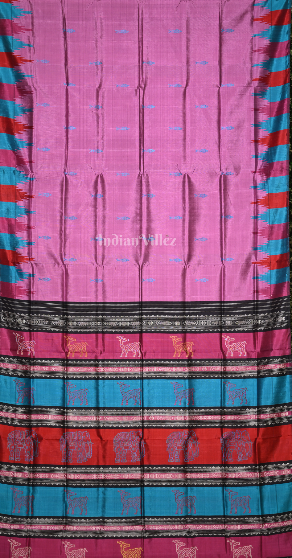 Onion Pink Blue Fish Motif Double Pallu Berhampuri Silk Saree 