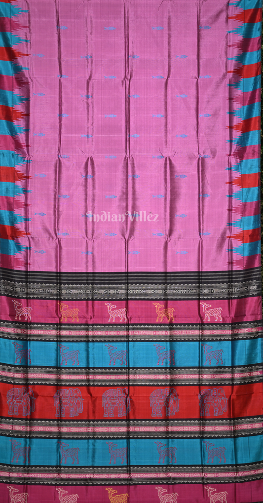Onion Pink Blue Fish Motif Double Pallu Berhampuri Silk Saree 