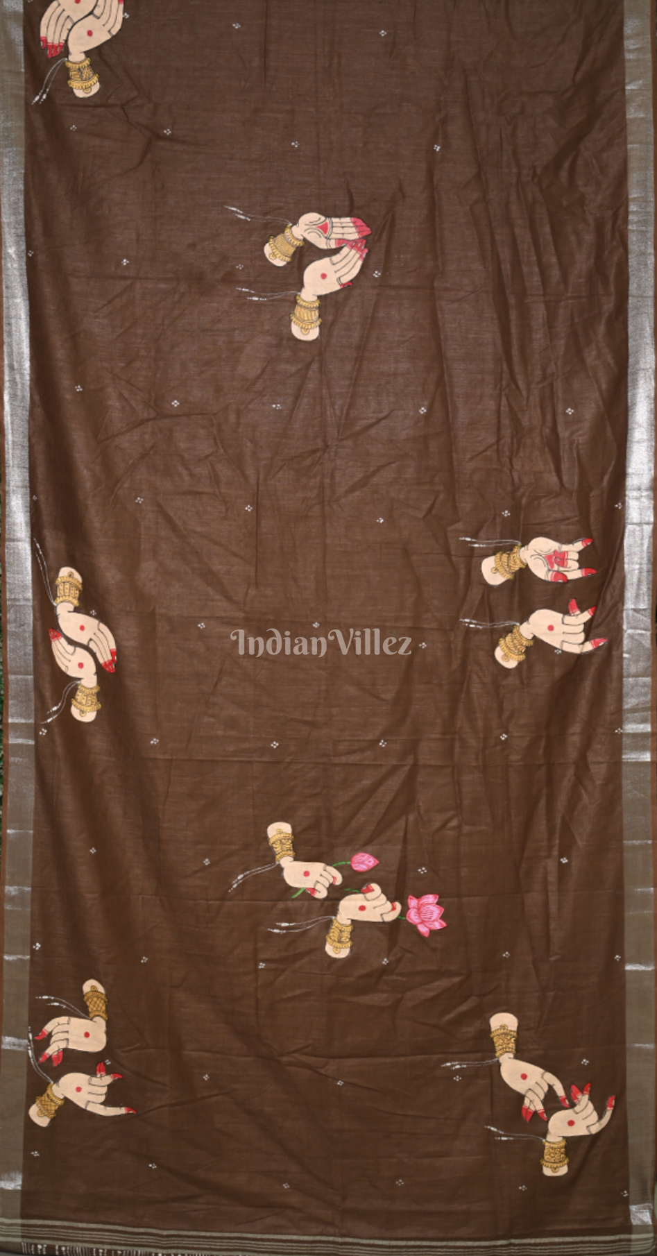 Brown Nartaki Theme Hand-Painted Pattachitra Saree (Linen)