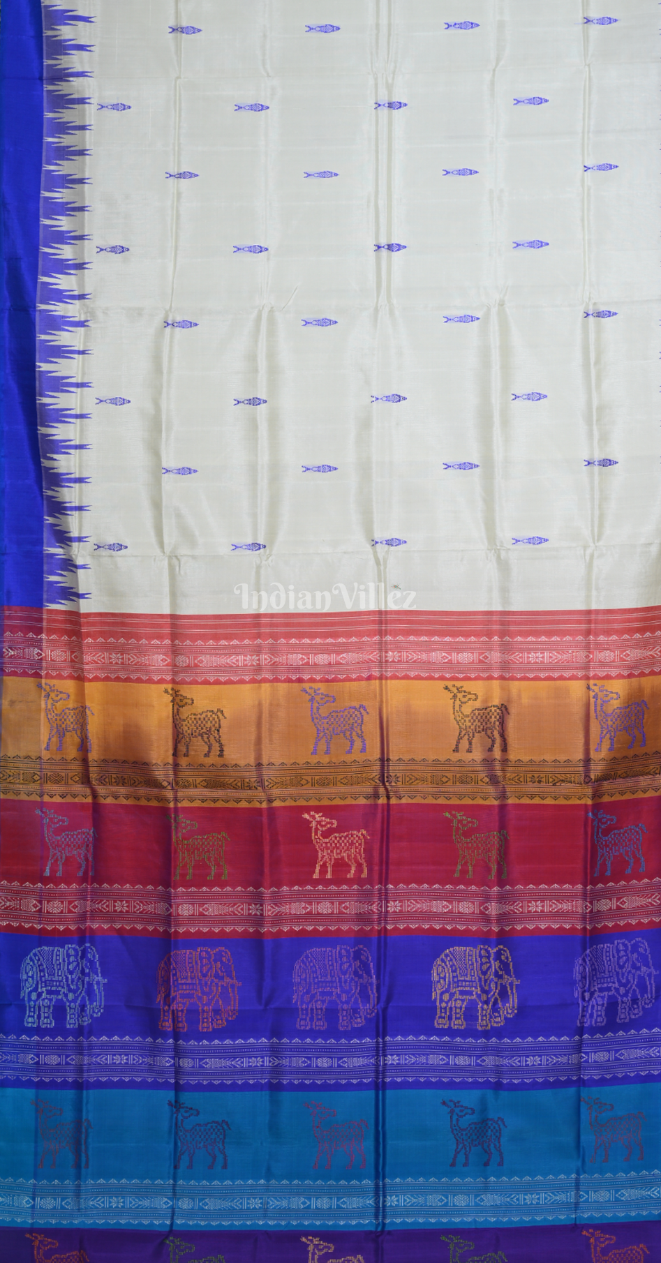 White Blue Fish Motif Double Pallu Berhampuri Silk Saree 