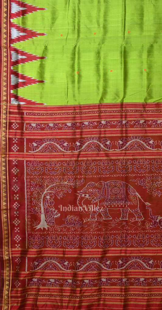 Parrot Green Red Buti Design Odisha Ikat Khandua Silk Saree 

