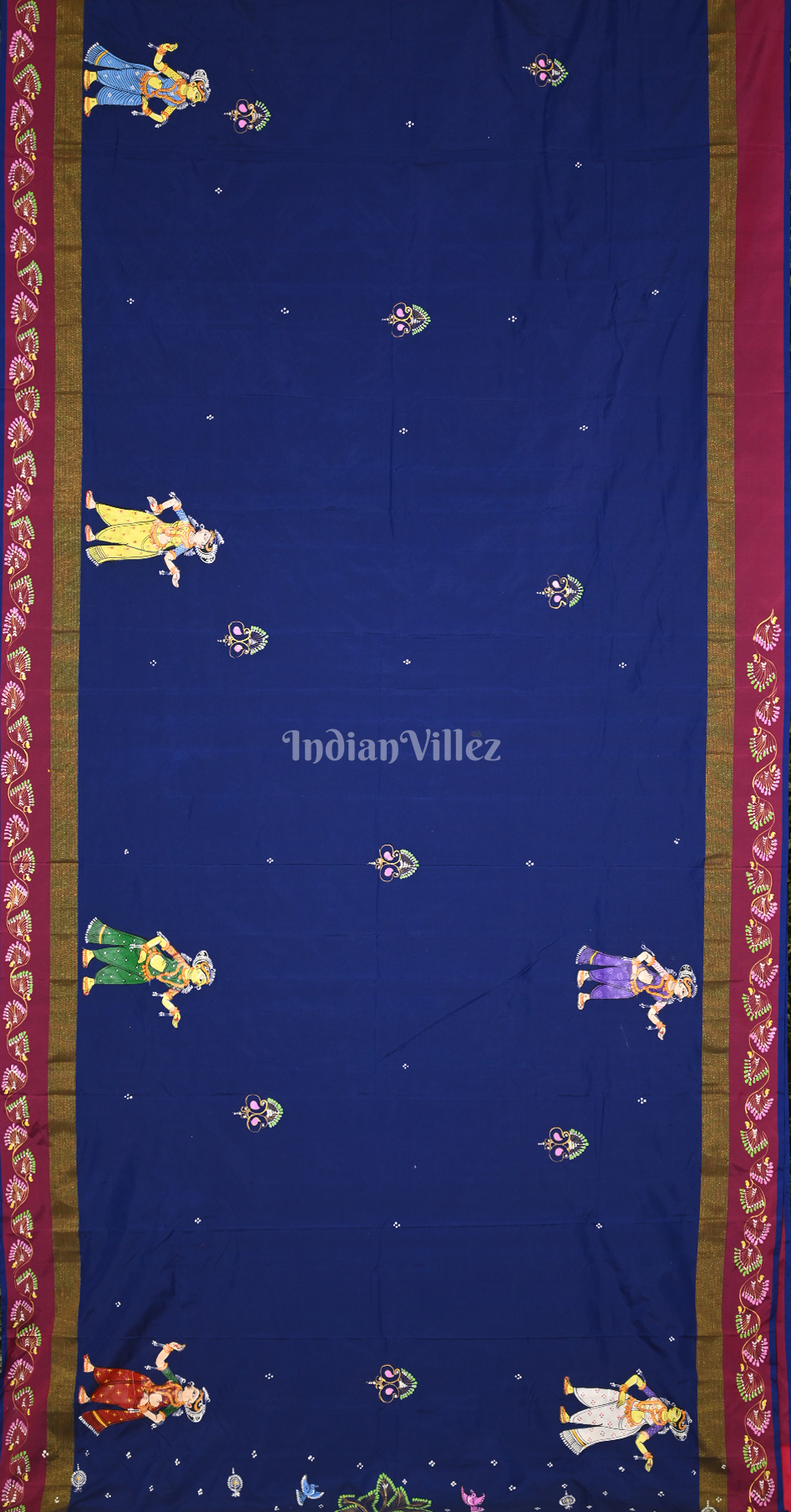 Blue Purple Raja Doli Theme Hand-Painted Pattachitra Saree 